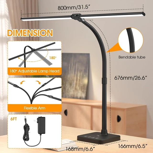 Alt view image 12 of 14 - ShineTech LED Desk Lamp for Home Office, 24W Double Head Desk Light with Wireless Charging, USB Port, 25 Lighting Modes Adjustable Lamps