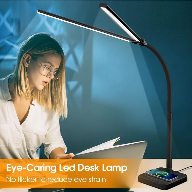 Alt view image 13 of 14 - ShineTech LED Desk Lamp for Home Office, 24W Double Head Desk Light with Wireless Charging, USB Port, 25 Lighting Modes Adjustable Lamps