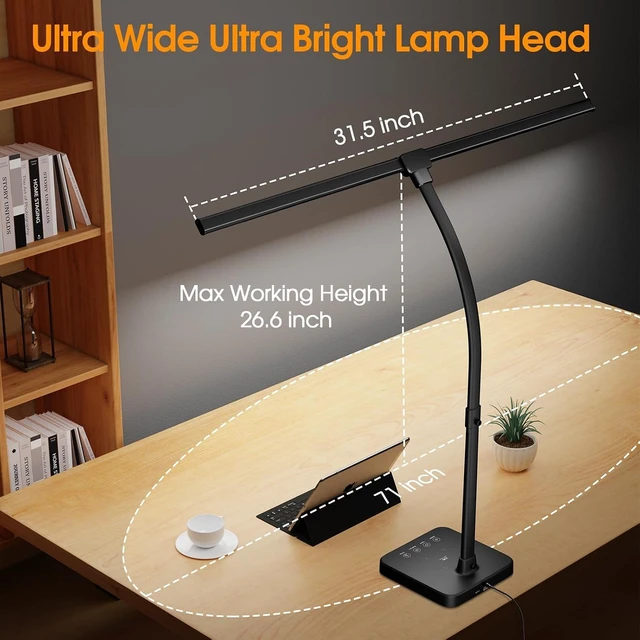 Alt view image 14 of 14 - ShineTech LED Desk Lamp for Home Office, 24W Double Head Desk Light with Wireless Charging, USB Port, 25 Lighting Modes Adjustable Lamps