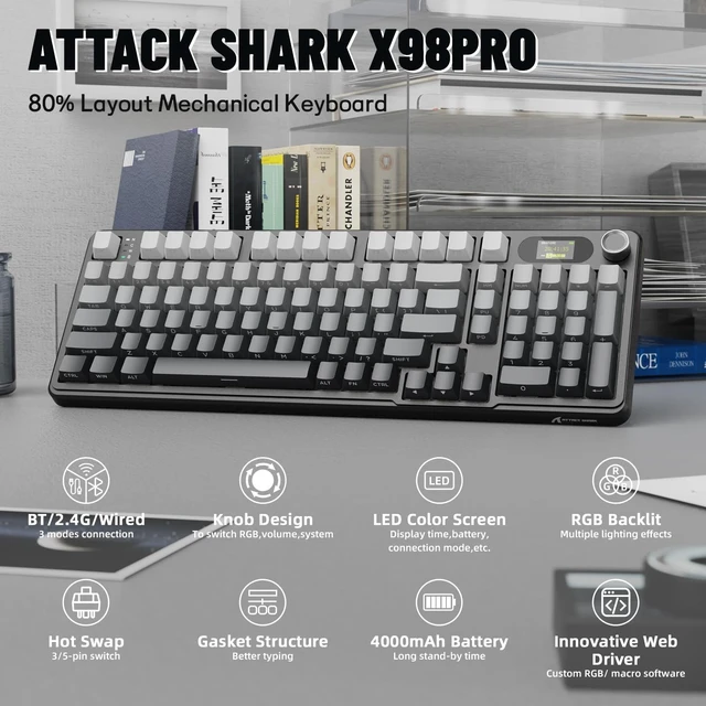Alt view image 9 of 14 - ATTACK SHARK X98PRO Wireless Mechanical Keyboard,Multi-Function Knob&TFT Screen,Tri-Mode BT/2.4G Hz/USB-C Wired Keyboard,Hot-Swappable RGB Backlit,4000mAh Cloud Drive,for Win/Mac/Linux-Moonlit Night