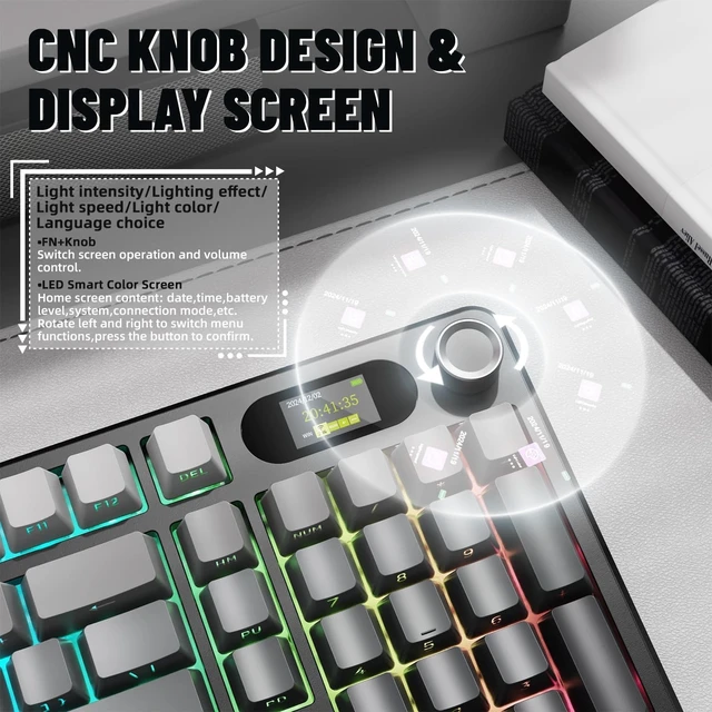 Alt view image 11 of 14 - ATTACK SHARK X98PRO Wireless Mechanical Keyboard,Multi-Function Knob&TFT Screen,Tri-Mode BT/2.4G Hz/USB-C Wired Keyboard,Hot-Swappable RGB Backlit,4000mAh Cloud Drive,for Win/Mac/Linux-Moonlit Night