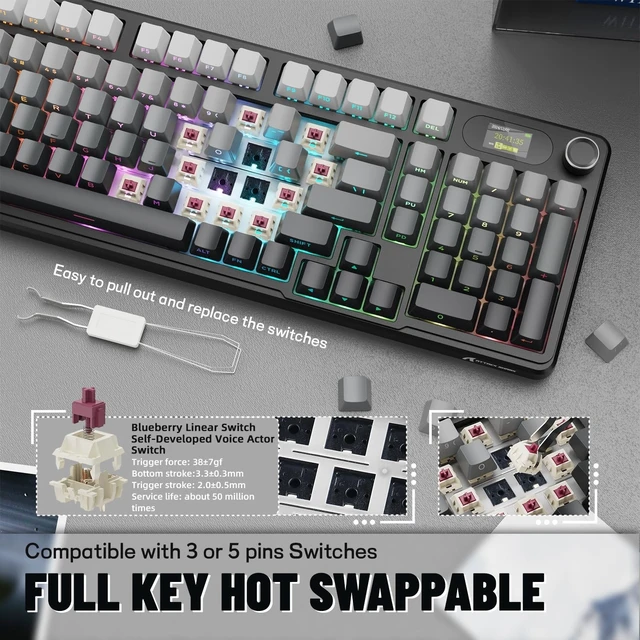 Alt view image 13 of 14 - ATTACK SHARK X98PRO Wireless Mechanical Keyboard,Multi-Function Knob&TFT Screen,Tri-Mode BT/2.4G Hz/USB-C Wired Keyboard,Hot-Swappable RGB Backlit,4000mAh Cloud Drive,for Win/Mac/Linux-Moonlit Night