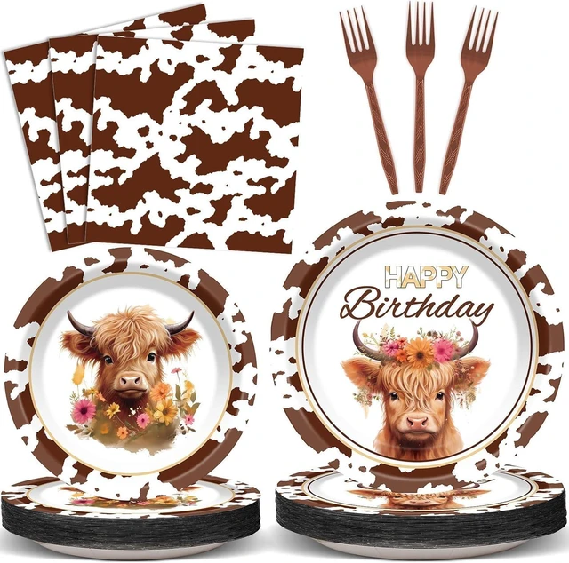 Alt view image 8 of 14 - 96 Pcs Highland Cow Birthday Party Decoration for 24 Guests Brown Cow Paper Plates Napkins Highland Cattle Dessert Cake Dinnerware Table Supplies for Western Farm Animals Kids Baby Shower Party Favors