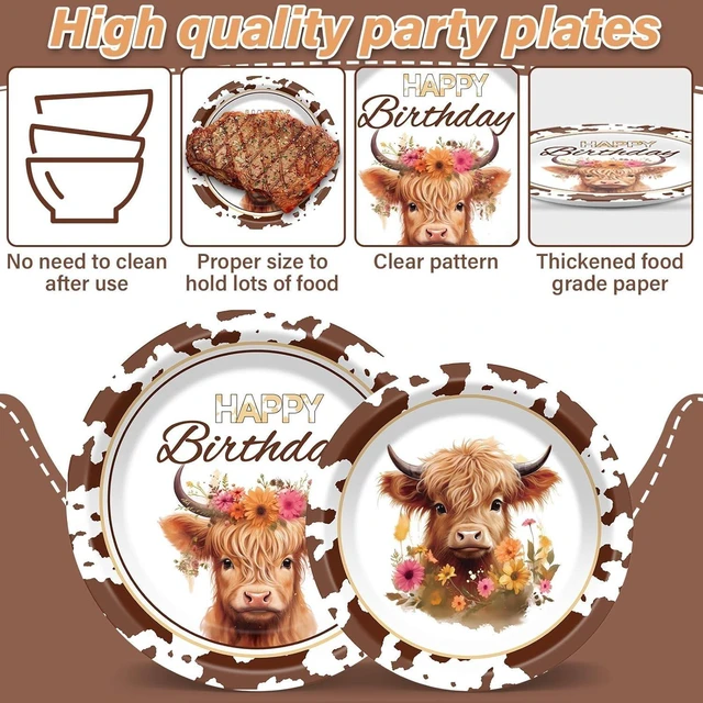 Alt view image 11 of 14 - 96 Pcs Highland Cow Birthday Party Decoration for 24 Guests Brown Cow Paper Plates Napkins Highland Cattle Dessert Cake Dinnerware Table Supplies for Western Farm Animals Kids Baby Shower Party Favors