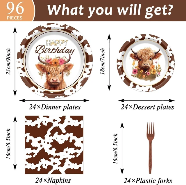 Alt view image 9 of 14 - 96 Pcs Highland Cow Birthday Party Decoration for 24 Guests Brown Cow Paper Plates Napkins Highland Cattle Dessert Cake Dinnerware Table Supplies for Western Farm Animals Kids Baby Shower Party Favors