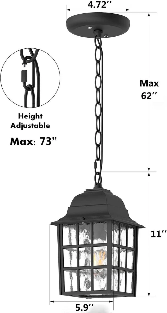 Alt view image 12 of 12 - Outdoor Pendant Light, Exterior Ceiling Hanging Lantern Porch Light with Water Glass, Outdoor Hanging Lantern Light Black Exterior Pendant Lighting Fixture for Porch, Yard, Gazebo