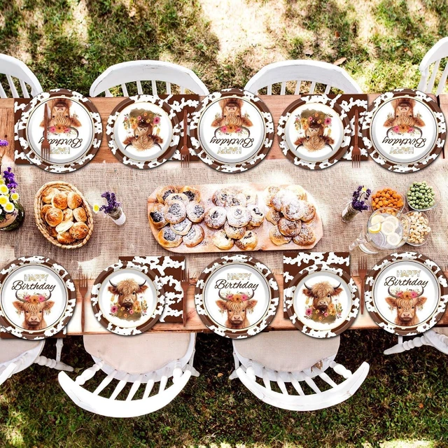 Alt view image 12 of 14 - 96 Pcs Highland Cow Birthday Party Decoration for 24 Guests Brown Cow Paper Plates Napkins Highland Cattle Dessert Cake Dinnerware Table Supplies for Western Farm Animals Kids Baby Shower Party Favors