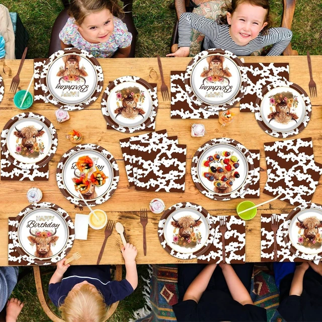 Alt view image 13 of 14 - 96 Pcs Highland Cow Birthday Party Decoration for 24 Guests Brown Cow Paper Plates Napkins Highland Cattle Dessert Cake Dinnerware Table Supplies for Western Farm Animals Kids Baby Shower Party Favors