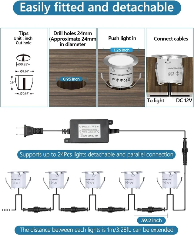 Alt view image 8 of 12 - HIBOITEC Low Voltage Deck Lights Recessed Kit with Transformer Dimmable Timer and Photocell Sensor Outdoor LED Deck Lighting IP67 Waterproof 4000K for Stair Step Outdoor Garden Yard 16 Packs