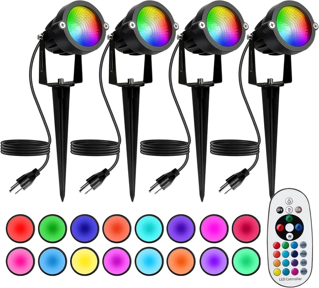 Alt view image 8 of 14 - Halloween Christmas Spotlight Outdoor: 12W RGBW LED Spot Lights Outdoor with 16 Color Changing for Yard Garden Decor | 4 Pack of IP65 Waterproof 120V Plug in Landscape Lighting with Remote