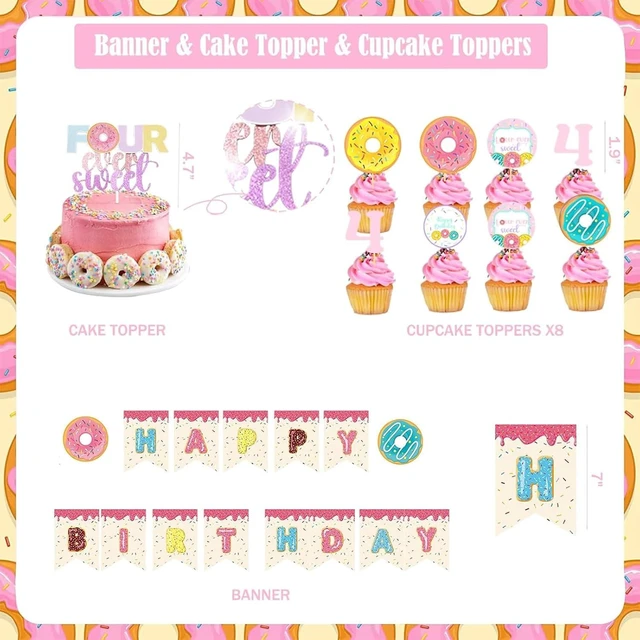 Alt view image 10 of 14 - Four Ever Sweet Birthday Decorations 116 PCs Girl Donut 4th Birthday Party Supplies with Four Ever Sweet Backdrop, Pink Donut Tablecloth, Colorful Balloon Garland Arch, Cake Topper