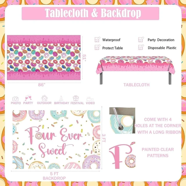 Alt view image 11 of 14 - Four Ever Sweet Birthday Decorations 116 PCs Girl Donut 4th Birthday Party Supplies with Four Ever Sweet Backdrop, Pink Donut Tablecloth, Colorful Balloon Garland Arch, Cake Topper