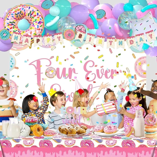 Alt view image 14 of 14 - Four Ever Sweet Birthday Decorations 116 PCs Girl Donut 4th Birthday Party Supplies with Four Ever Sweet Backdrop, Pink Donut Tablecloth, Colorful Balloon Garland Arch, Cake Topper