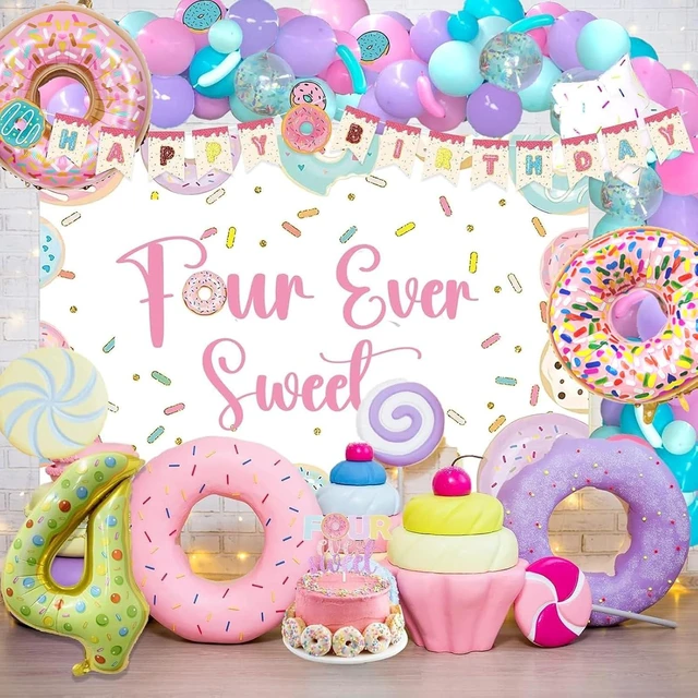 Alt view image 13 of 14 - Four Ever Sweet Birthday Decorations 116 PCs Girl Donut 4th Birthday Party Supplies with Four Ever Sweet Backdrop, Pink Donut Tablecloth, Colorful Balloon Garland Arch, Cake Topper