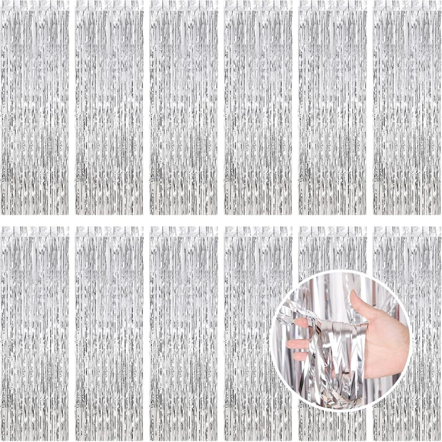 Alt view image 8 of 14 - Silver Fringe Curtain Party Streamers, 12 Pack 3.3ft x 8.2ft Foil Curtain Backdrop Tinsel Foil Fringe Curtains Photo Booth Backdrop Streamer for Birthday, Wedding, Baby Shower, Disco Party