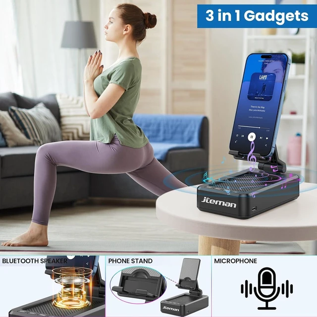 Alt view image 9 of 14 - JTEMAN Cell Phone Stand with Bluetooth Speaker, HD Stereo Sound & Anti-Slip Base, Foldable Adjustable Desktop Phone Holder for Home Office, Cool Tech Gadgets Birthday Gifts for Men Women (Black)