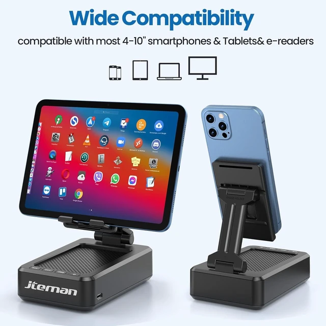 Alt view image 12 of 14 - JTEMAN Cell Phone Stand with Bluetooth Speaker, HD Stereo Sound & Anti-Slip Base, Foldable Adjustable Desktop Phone Holder for Home Office, Cool Tech Gadgets Birthday Gifts for Men Women (Black)