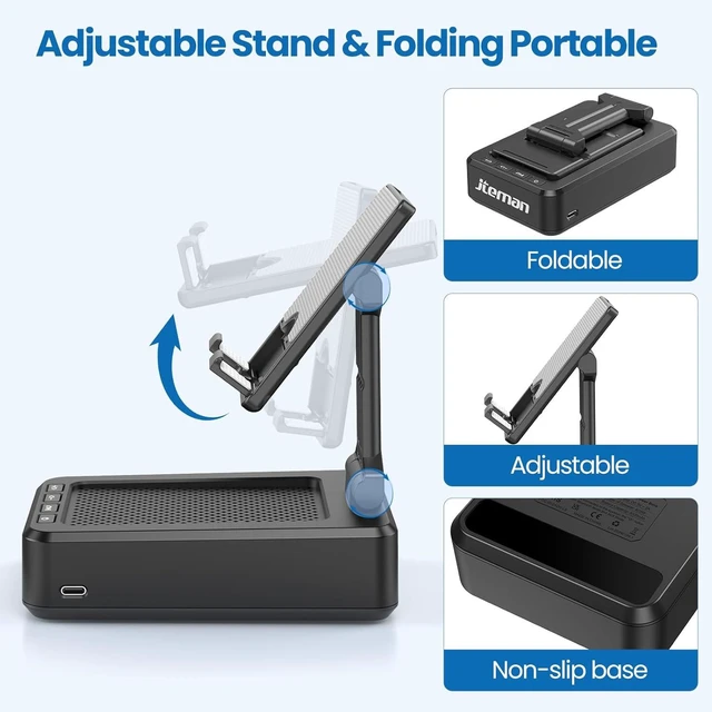 Alt view image 13 of 14 - JTEMAN Cell Phone Stand with Bluetooth Speaker, HD Stereo Sound & Anti-Slip Base, Foldable Adjustable Desktop Phone Holder for Home Office, Cool Tech Gadgets Birthday Gifts for Men Women (Black)