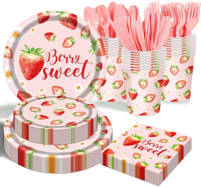 Alt view image 6 of 10 - Strawberry Plates and Napkins Tableware Set - 175 Pcs Strawberry Baby Shower Party Birthday Supplies, Strawberry Shortcake Birthday Decorations for Berry Sweet Baby Shower, Serves 25 Guests