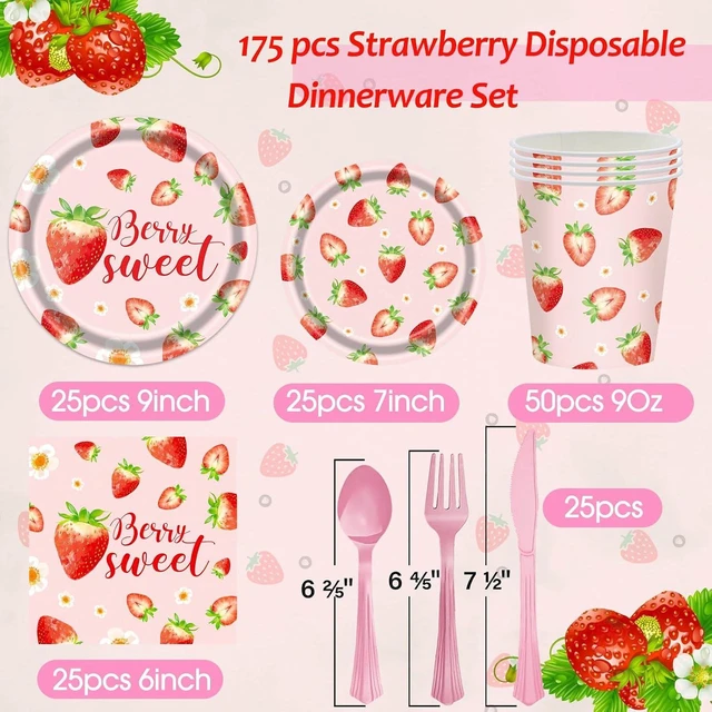 Alt view image 8 of 10 - Strawberry Plates and Napkins Tableware Set - 175 Pcs Strawberry Baby Shower Party Birthday Supplies, Strawberry Shortcake Birthday Decorations for Berry Sweet Baby Shower, Serves 25 Guests