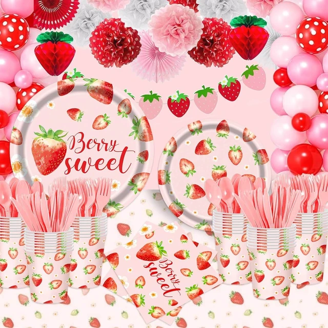 Alt view image 7 of 10 - Strawberry Plates and Napkins Tableware Set - 175 Pcs Strawberry Baby Shower Party Birthday Supplies, Strawberry Shortcake Birthday Decorations for Berry Sweet Baby Shower, Serves 25 Guests