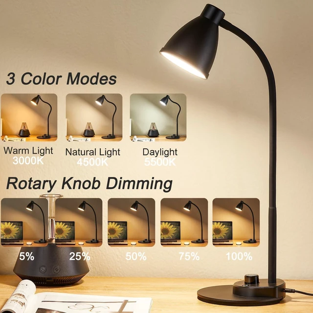 Alt view image 9 of 14 - BOHON LED Desk Lamp with USB Charging Port 3 Color Modes Dimmable, Black | Reading Light Intelligent Induction Auto Dimming Task Lamp Neck Flexible Table Lamp for Bedside Office, AC Adapter Include
