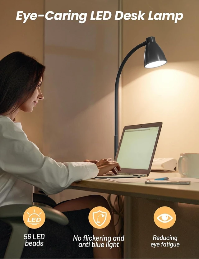 Alt view image 10 of 14 - BOHON LED Desk Lamp with USB Charging Port 3 Color Modes Dimmable, Black | Reading Light Intelligent Induction Auto Dimming Task Lamp Neck Flexible Table Lamp for Bedside Office, AC Adapter Include