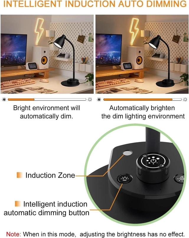 Alt view image 12 of 14 - BOHON LED Desk Lamp with USB Charging Port 3 Color Modes Dimmable, Black | Reading Light Intelligent Induction Auto Dimming Task Lamp Neck Flexible Table Lamp for Bedside Office, AC Adapter Include