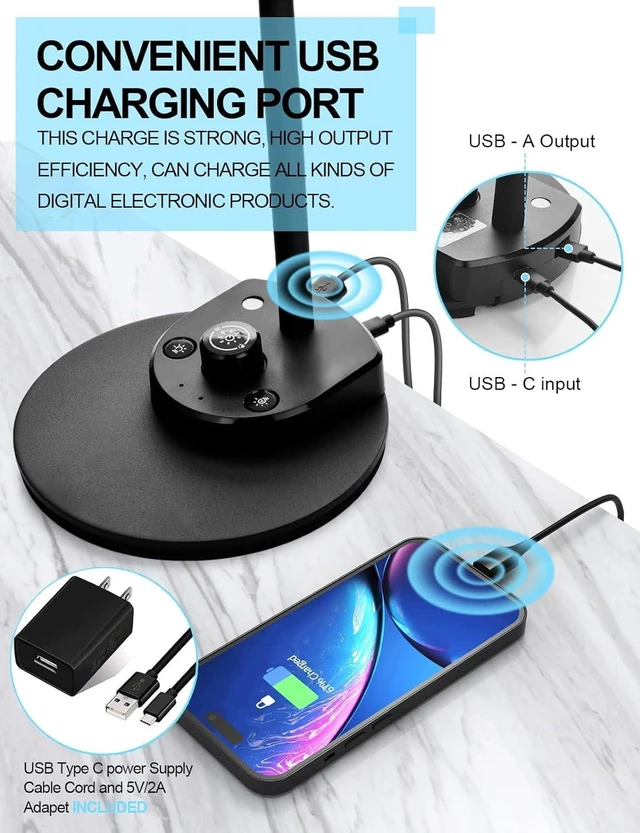 Alt view image 11 of 14 - BOHON LED Desk Lamp with USB Charging Port 3 Color Modes Dimmable, Black | Reading Light Intelligent Induction Auto Dimming Task Lamp Neck Flexible Table Lamp for Bedside Office, AC Adapter Include