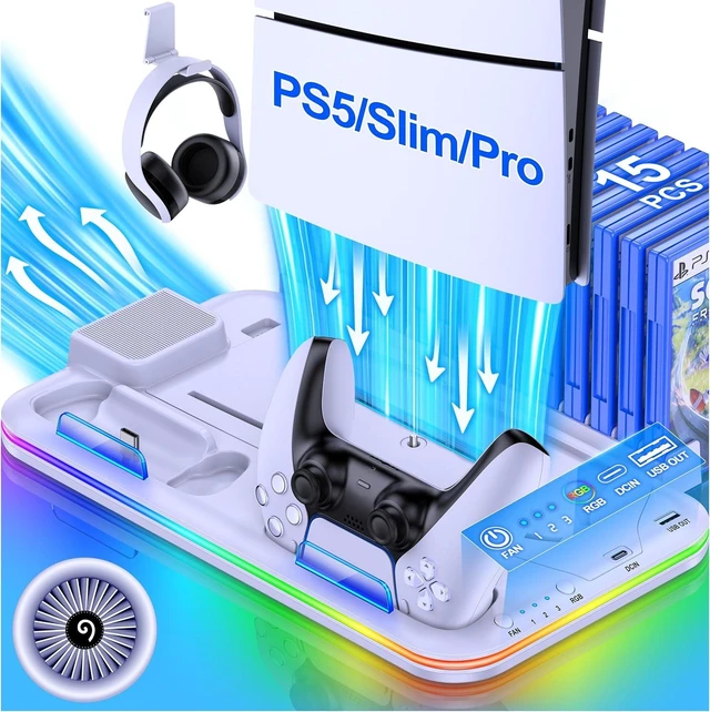 Alt view image 8 of 14 - PS5/Slim/Pro Stand and Cooling Station with Controller Charging Station for Digital/Disc, PS5 Accessories Incl. 3 Levels Cooling Fan, LED Light, 15 Game Storage, Headset Holder for Playsation 5 White