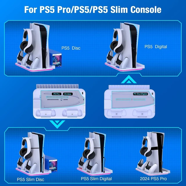 Alt view image 11 of 14 - PS5/Slim/Pro Stand and Cooling Station with Controller Charging Station for Digital/Disc, PS5 Accessories Incl. 3 Levels Cooling Fan, LED Light, 15 Game Storage, Headset Holder for Playsation 5 White