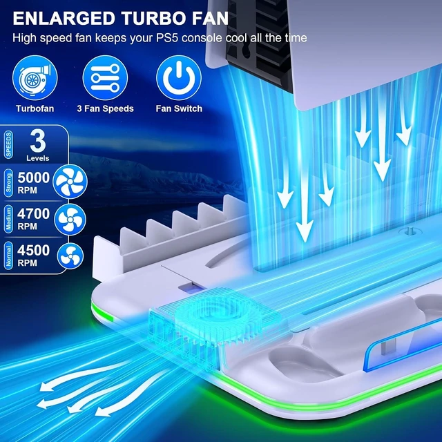 Alt view image 9 of 14 - PS5/Slim/Pro Stand and Cooling Station with Controller Charging Station for Digital/Disc, PS5 Accessories Incl. 3 Levels Cooling Fan, LED Light, 15 Game Storage, Headset Holder for Playsation 5 White
