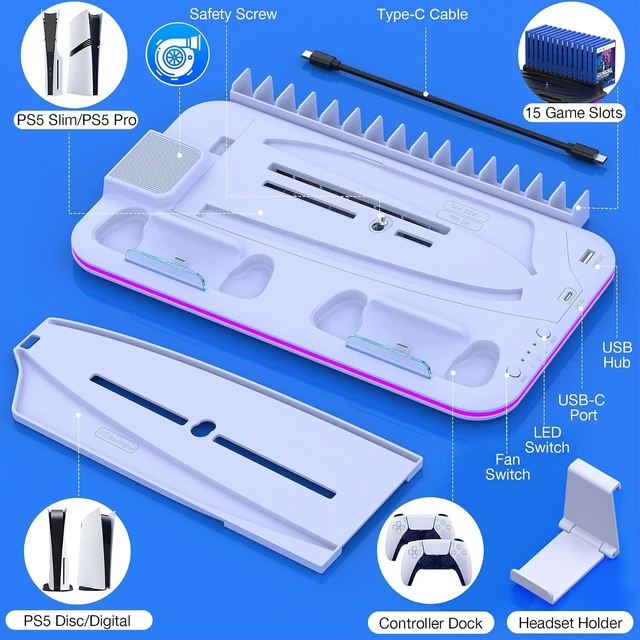 Alt view image 12 of 14 - PS5/Slim/Pro Stand and Cooling Station with Controller Charging Station for Digital/Disc, PS5 Accessories Incl. 3 Levels Cooling Fan, LED Light, 15 Game Storage, Headset Holder for Playsation 5 White
