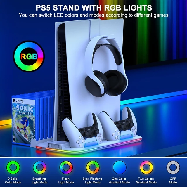 Alt view image 13 of 14 - PS5/Slim/Pro Stand and Cooling Station with Controller Charging Station for Digital/Disc, PS5 Accessories Incl. 3 Levels Cooling Fan, LED Light, 15 Game Storage, Headset Holder for Playsation 5 White