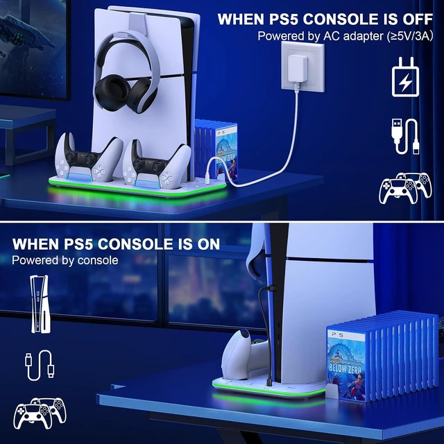 Alt view image 14 of 14 - PS5/Slim/Pro Stand and Cooling Station with Controller Charging Station for Digital/Disc, PS5 Accessories Incl. 3 Levels Cooling Fan, LED Light, 15 Game Storage, Headset Holder for Playsation 5 White