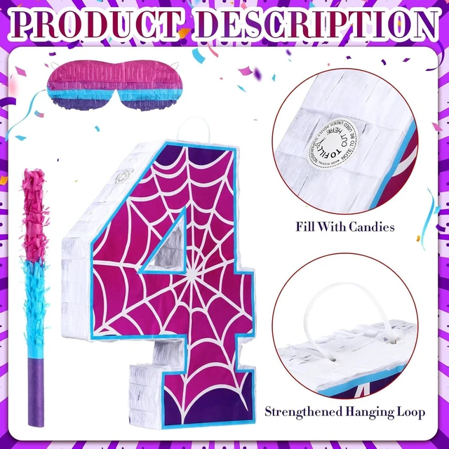 Alt view image 7 of 8 - 16 Inch Number 4 Spider Pinata for 4th Birthday Party Decorations Purple Pink Spider Party Favors, Spider Pinata with Stick Blindfold Confetti for 4th Birthday Party Supplies, Fiesta, Anniversary