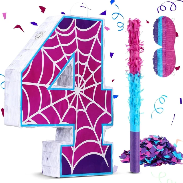 Alt view image 5 of 8 - 16 Inch Number 4 Spider Pinata for 4th Birthday Party Decorations Purple Pink Spider Party Favors, Spider Pinata with Stick Blindfold Confetti for 4th Birthday Party Supplies, Fiesta, Anniversary