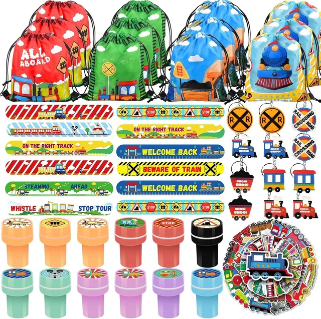Alt view image 8 of 14 - TOQI 98 Pcs Train Party Favors,Train Print Party Supplies Include Stickers Stamps Keychains Slap Bracelets and Drawstring Bags Party Decorations for Kids TrainTheme Birthday supplies (A-Train)