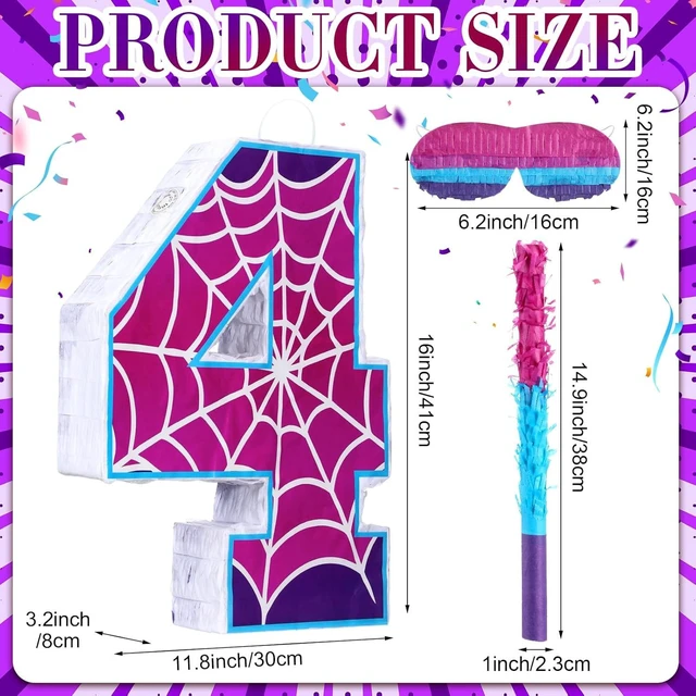 Alt view image 6 of 8 - 16 Inch Number 4 Spider Pinata for 4th Birthday Party Decorations Purple Pink Spider Party Favors, Spider Pinata with Stick Blindfold Confetti for 4th Birthday Party Supplies, Fiesta, Anniversary