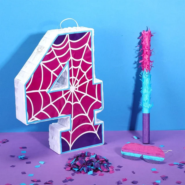 Alt view image 8 of 8 - 16 Inch Number 4 Spider Pinata for 4th Birthday Party Decorations Purple Pink Spider Party Favors, Spider Pinata with Stick Blindfold Confetti for 4th Birthday Party Supplies, Fiesta, Anniversary