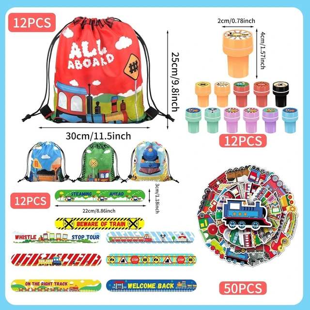 Alt view image 9 of 14 - TOQI 98 Pcs Train Party Favors,Train Print Party Supplies Include Stickers Stamps Keychains Slap Bracelets and Drawstring Bags Party Decorations for Kids TrainTheme Birthday supplies (A-Train)