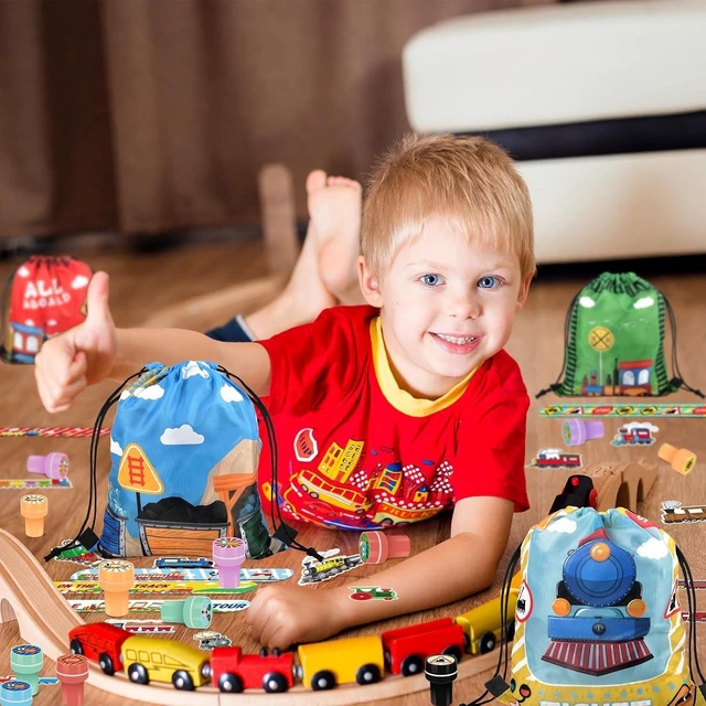 Alt view image 13 of 14 - TOQI 98 Pcs Train Party Favors,Train Print Party Supplies Include Stickers Stamps Keychains Slap Bracelets and Drawstring Bags Party Decorations for Kids TrainTheme Birthday supplies (A-Train)