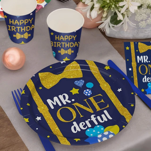 Alt view image 14 of 14 - APOWBLS Mr Onederful First Birthday Decorations Tableware Boy, Baby Boy Onederful 1st Birthday Party Supplies, Paper Plate, Cup, Napkin, Tablecloth, Cutlery | Serves 24
