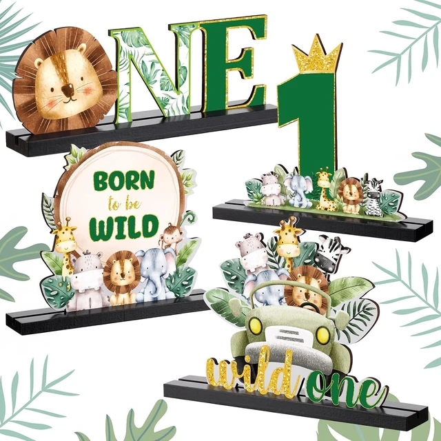 Alt view image 8 of 14 - Riyiper 4 Pcs Safari Wild One Birthday Decorations Jungle Animals Party Supplies for Baby Shower Boy Girl First Birthday Table Decor Wooden Letter Desk Sign Centerpieces for Gender Reveal Sage Party