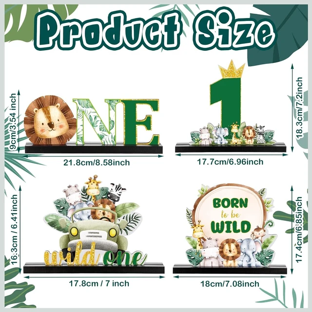 Alt view image 9 of 14 - Riyiper 4 Pcs Safari Wild One Birthday Decorations Jungle Animals Party Supplies for Baby Shower Boy Girl First Birthday Table Decor Wooden Letter Desk Sign Centerpieces for Gender Reveal Sage Party