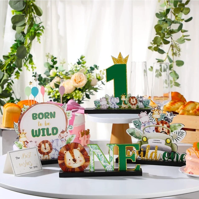 Alt view image 11 of 14 - Riyiper 4 Pcs Safari Wild One Birthday Decorations Jungle Animals Party Supplies for Baby Shower Boy Girl First Birthday Table Decor Wooden Letter Desk Sign Centerpieces for Gender Reveal Sage Party
