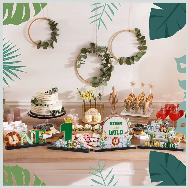 Alt view image 12 of 14 - Riyiper 4 Pcs Safari Wild One Birthday Decorations Jungle Animals Party Supplies for Baby Shower Boy Girl First Birthday Table Decor Wooden Letter Desk Sign Centerpieces for Gender Reveal Sage Party