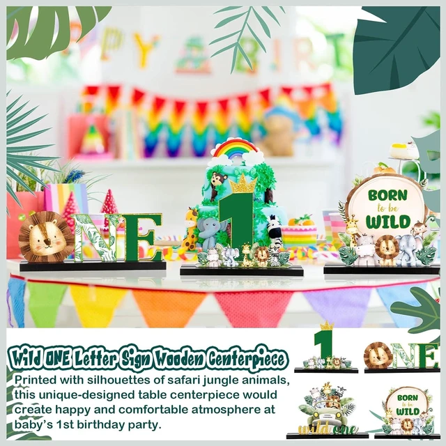 Alt view image 13 of 14 - Riyiper 4 Pcs Safari Wild One Birthday Decorations Jungle Animals Party Supplies for Baby Shower Boy Girl First Birthday Table Decor Wooden Letter Desk Sign Centerpieces for Gender Reveal Sage Party