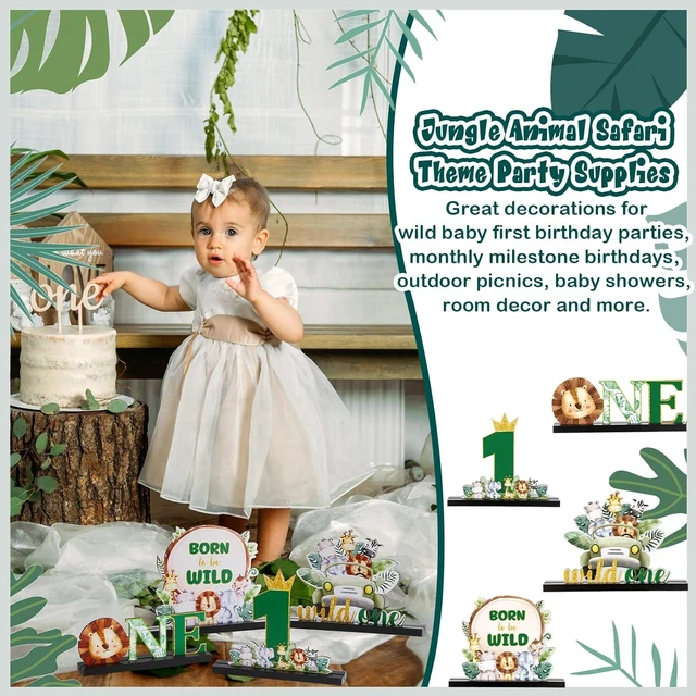 Alt view image 14 of 14 - Riyiper 4 Pcs Safari Wild One Birthday Decorations Jungle Animals Party Supplies for Baby Shower Boy Girl First Birthday Table Decor Wooden Letter Desk Sign Centerpieces for Gender Reveal Sage Party