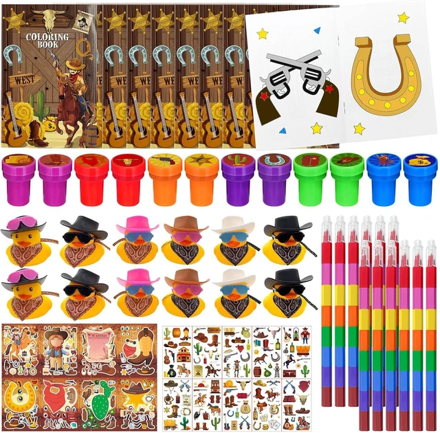 Alt view image 8 of 14 - Cinrobiye 72 Pcs Western Cowboy Party Favors, Wild West Coloring Books, Stickers, Tattoos, Stampers, Rubber Ducks, Rainbow Pencils, Barn Party Supplies, Birthday Goodie Bag Fillers, Prize Bulk Set